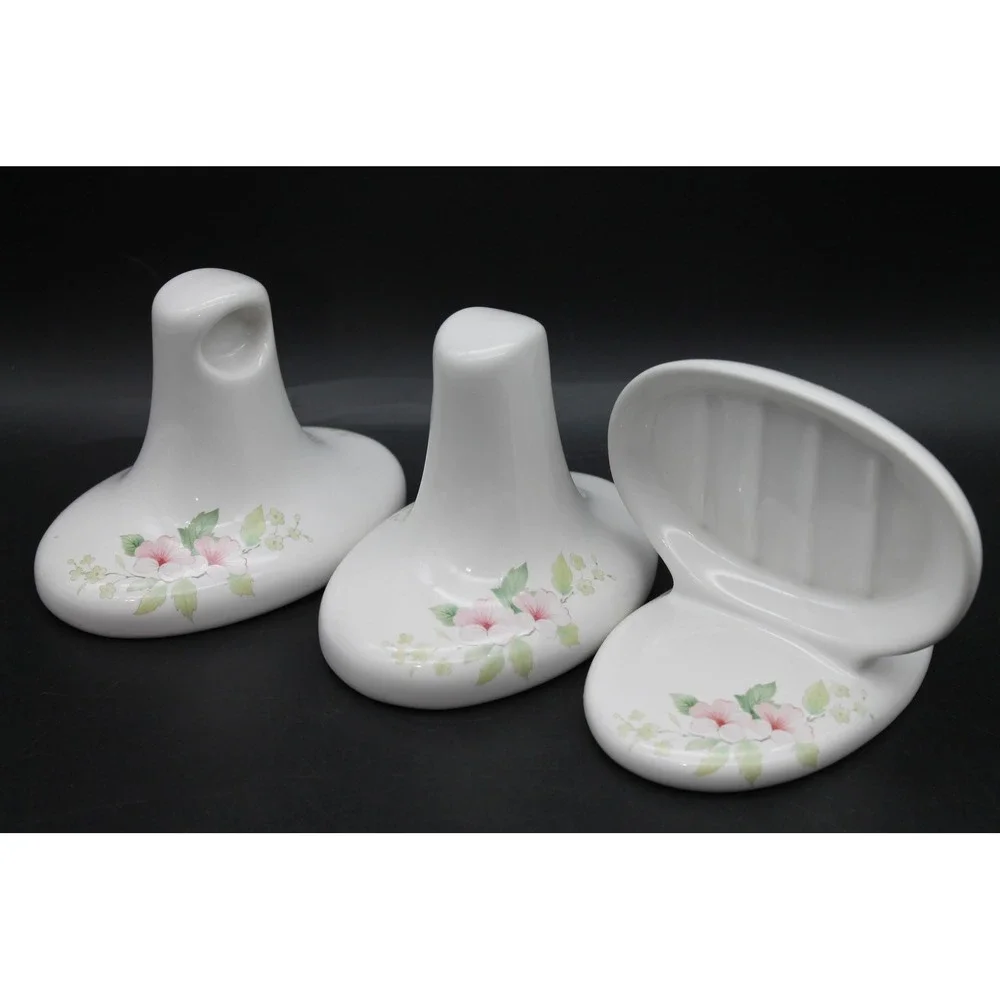 Vintage Ceramic Bathroom Fixtures Set of 3 Floral Toilet Paper Holders Soap Dish